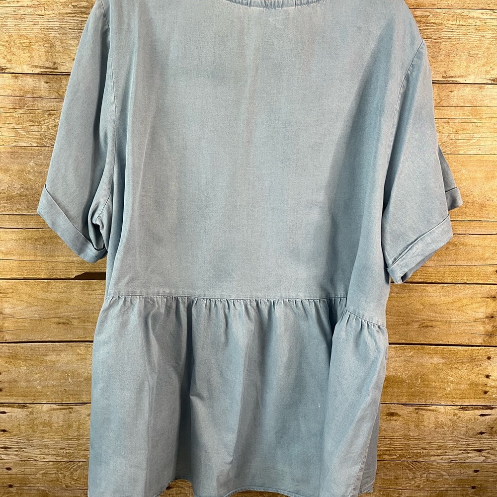 Terra & Sky Light Blue Chambray Babydoll Drop Waist V-Neck Peplum Top EUC 2X - Picture 6 of 6